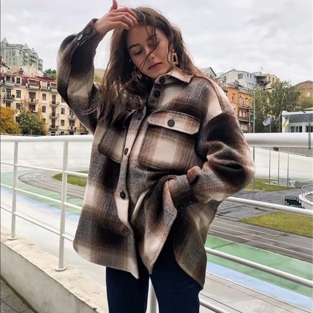 Boyfriend Fit Plaid Jacket Coat Brown Trucker - Picture 9 of 16